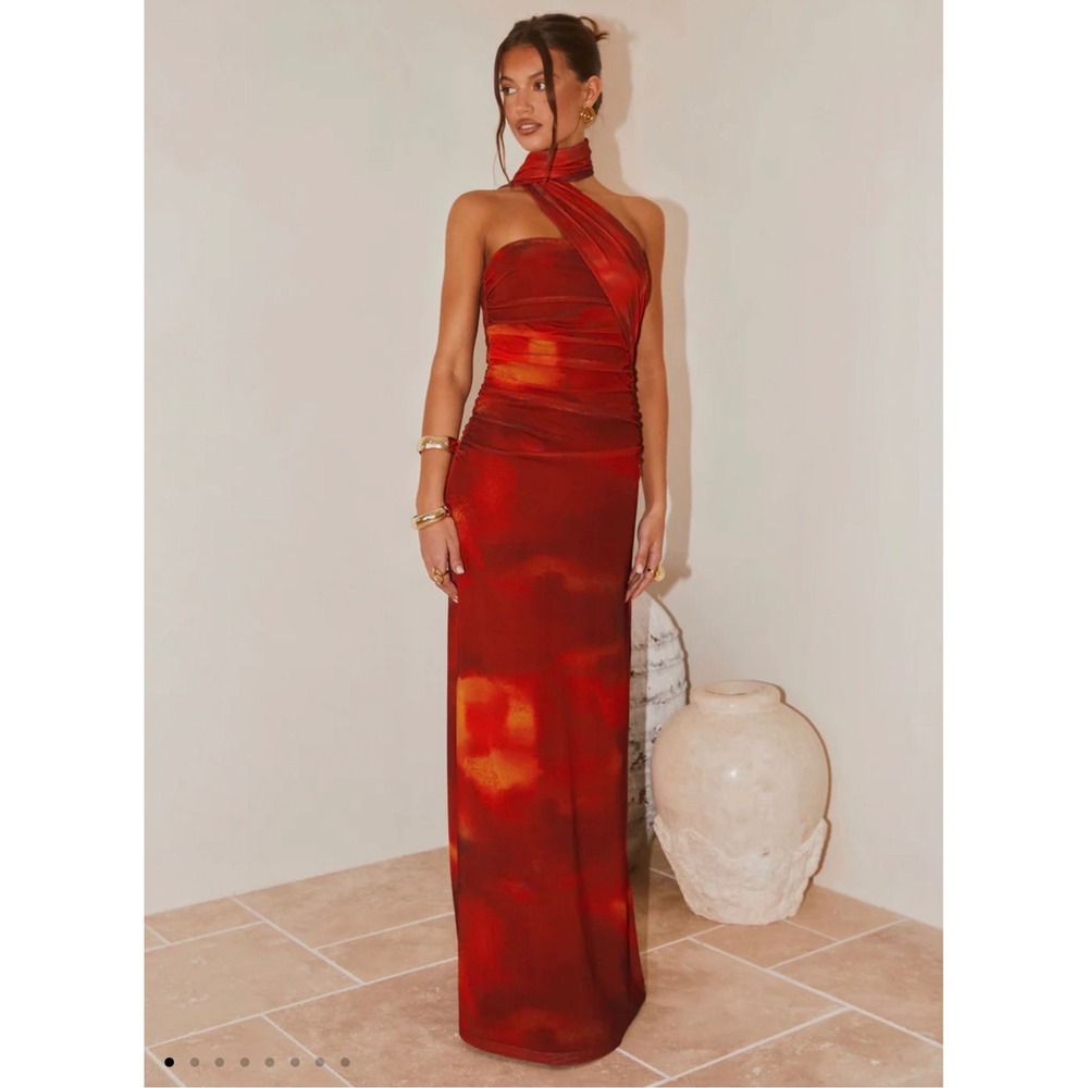 NWT Peppermayo Songbird Maxi Dress Scarlet Blur Red Orange Ruched Scarf
